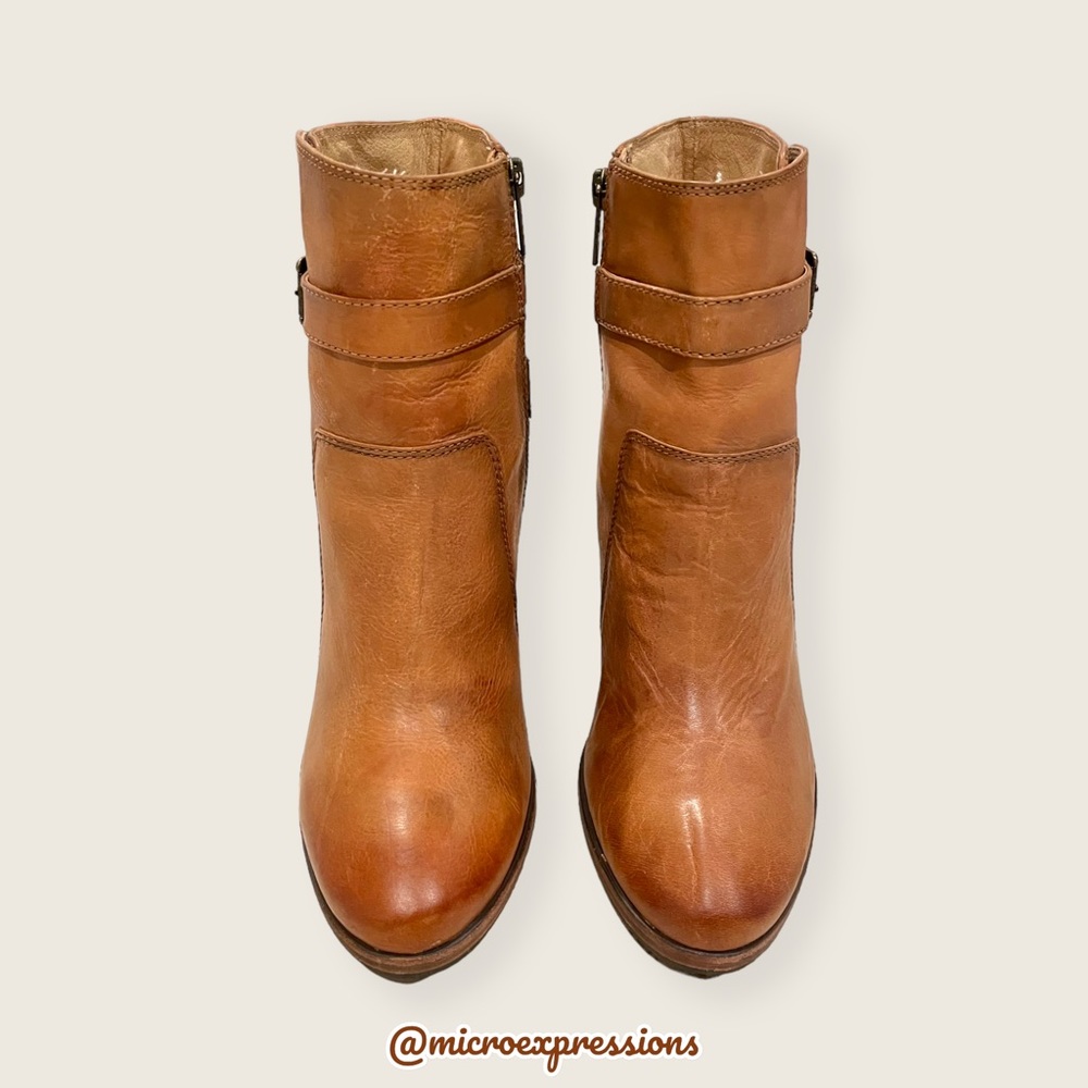 $379 Frye Patty Tan Brown Leather Belt Cute Almond Toe Fall/Winter Ankle Booties - Picture 10 of 16